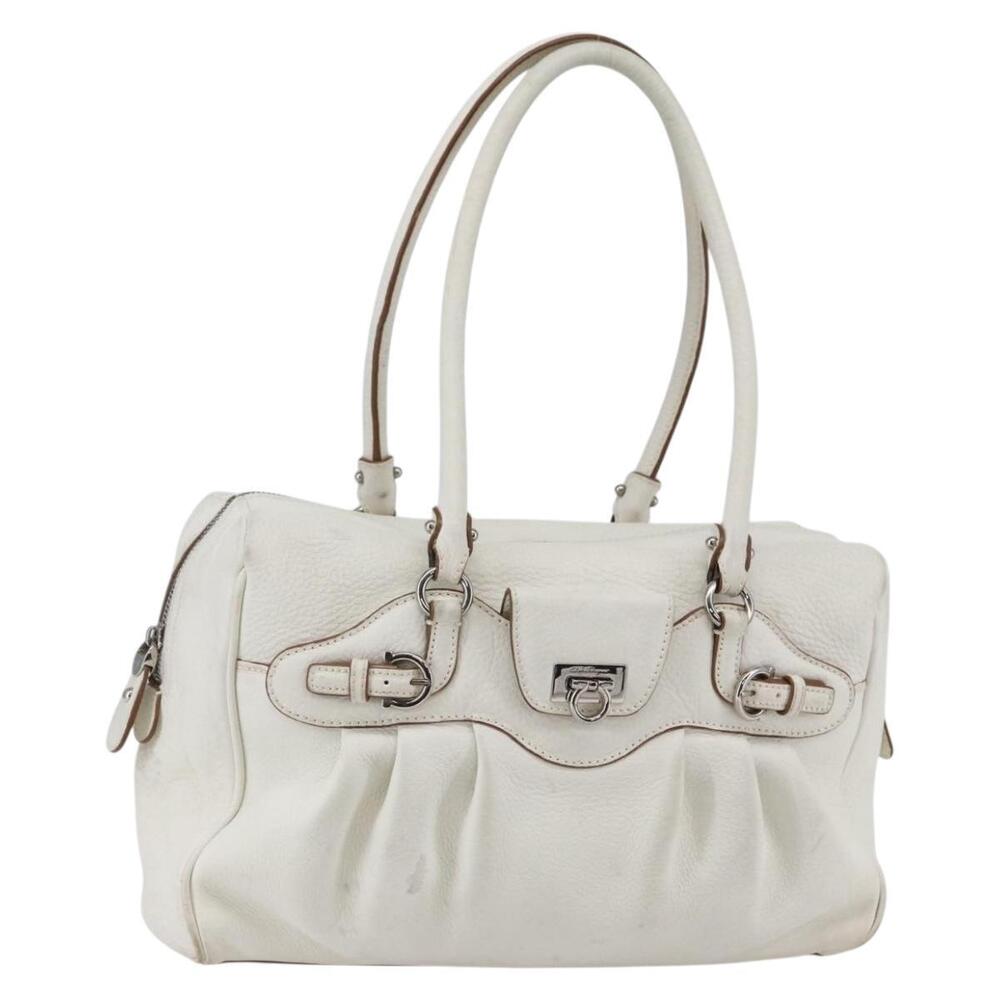Salvatore Ferragamo Gancini Marissa Tote Bag Leather White Silver Auth bs30082